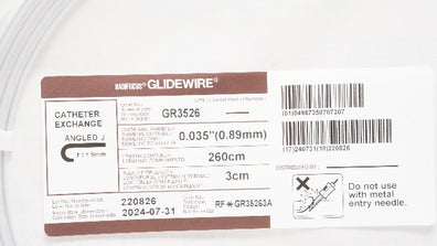 Terumo GR35263A Glidewire Cath. Exchange Angled J, 0.035inch x 260cm x 3cm